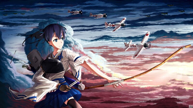Anime Girl with Bow — Blue, Dramatic, Sunset, Digital Art, Airplanes