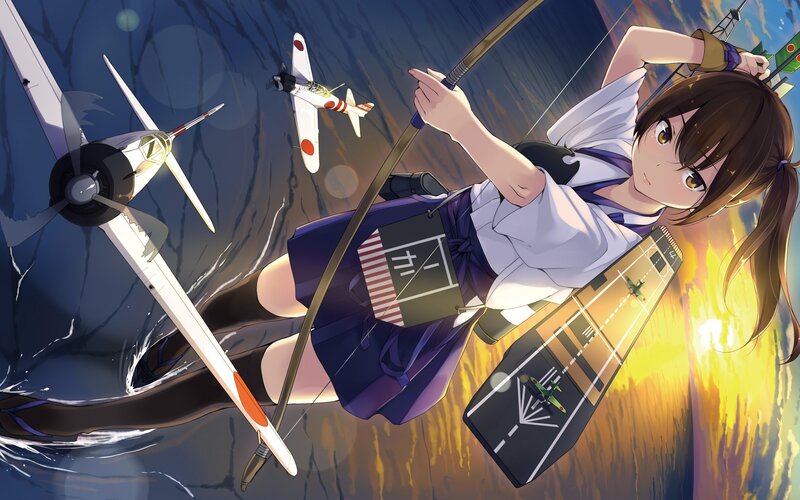 Anime Girl with Bow — Blue, Dramatic, Sunset, Digital Art
