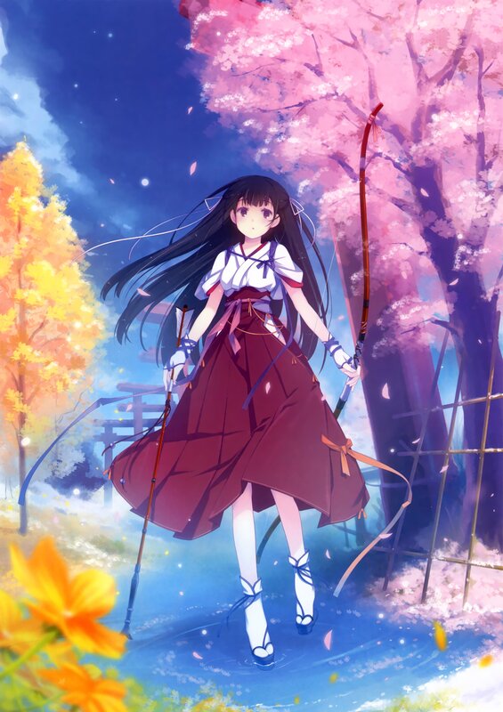 Anime girl with bow in cherry blossom