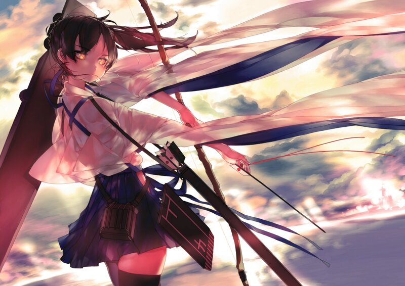 Anime Girl with Bow — Pink, Dramatic, Sunset