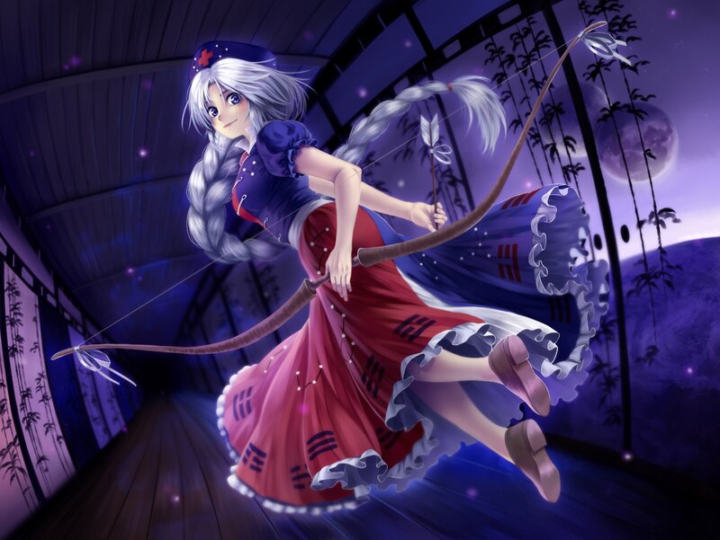 Anime Girl with Bow — Purple, Dramatic, Night, Digital Art, Bow and Arrow, Moon