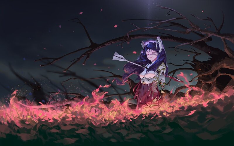 Anime Girl with Bow — Purple, Dramatic, Night, Digital Art, Fire