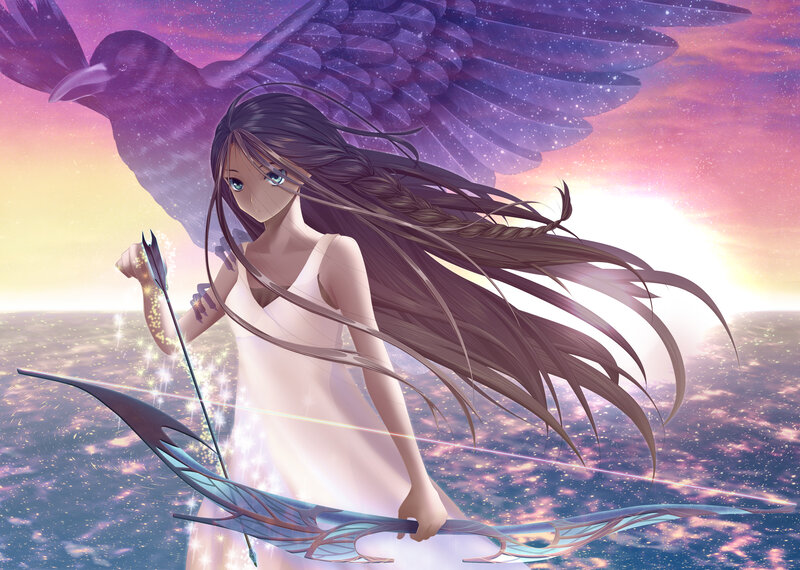 Anime Girl with Bow — Purple, Dramatic, Sunset, Digital Art, Bird