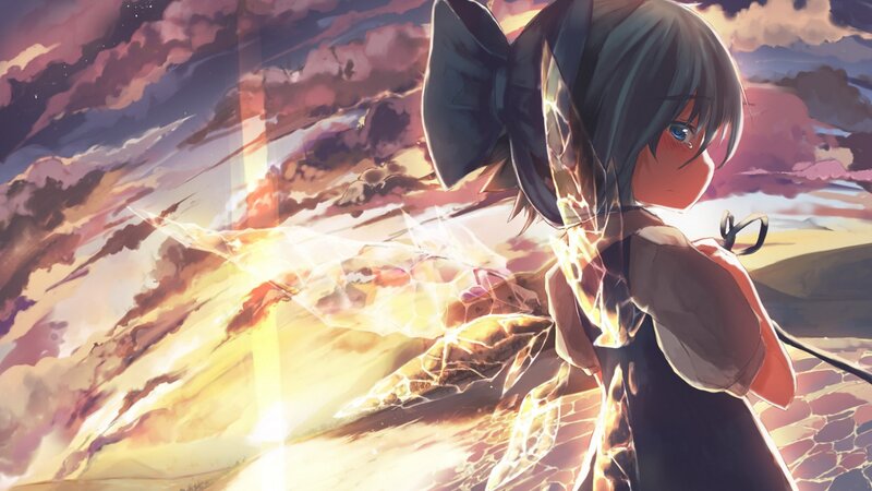 Anime Girl with Bow — Purple, Dramatic, Sunset, Digital Art, Sky, Lightning, Backpack