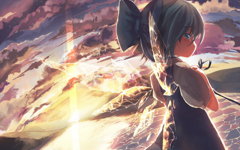 Anime Girl with Bow — Purple, Dramatic, Sunset, Digital Art, Sky
