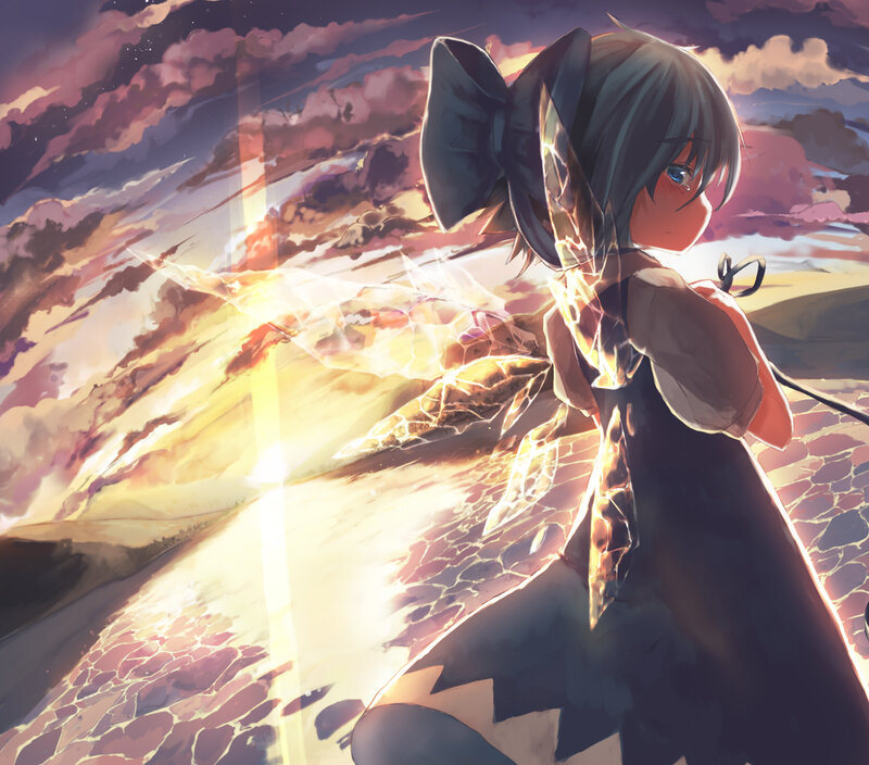 Anime Girl with Bow — Purple, Dramatic, Sunset, Digital Art