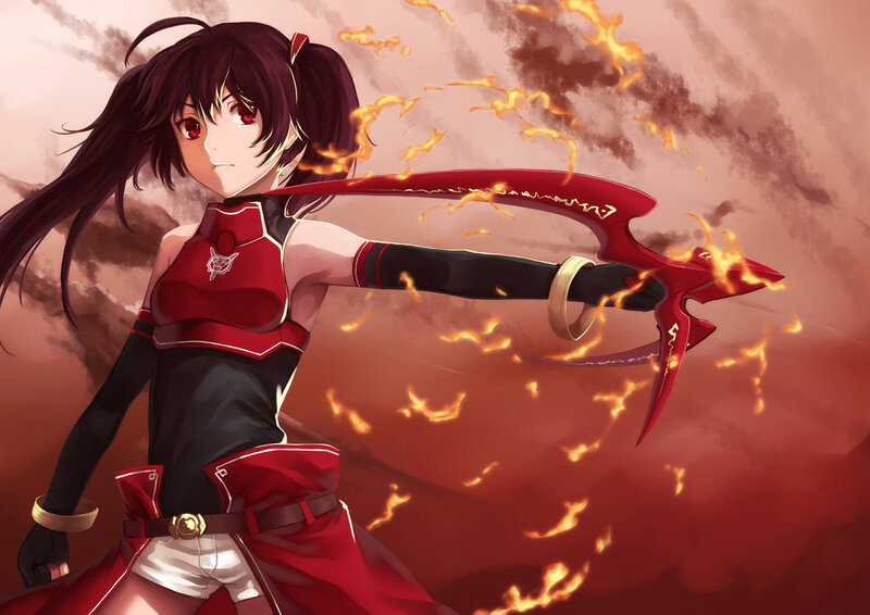 Anime Girl with Bow — Red, Dramatic, Digital Art, Fire