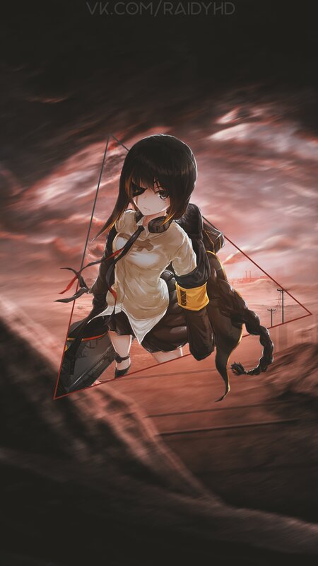 Anime Girl with Bow — Red, Dramatic, Sunset, Digital Art, Braces