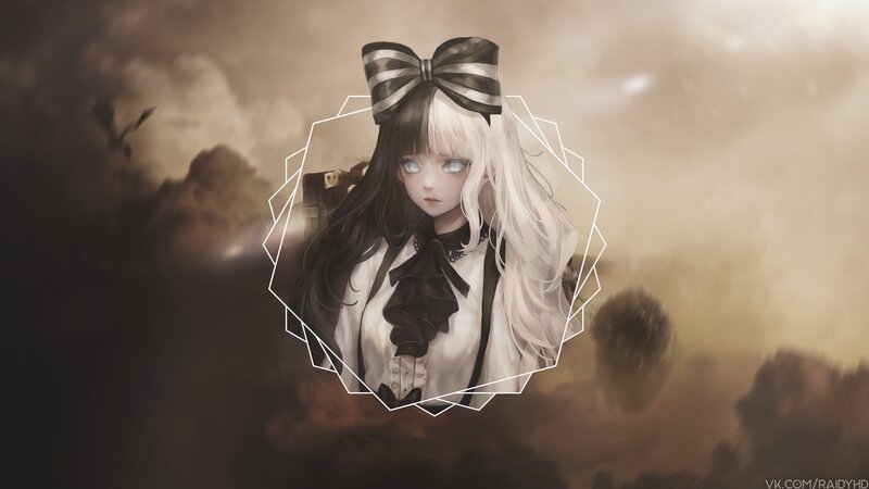 Anime Girl with Bow — White, Dramatic, Digital Art, Clouds