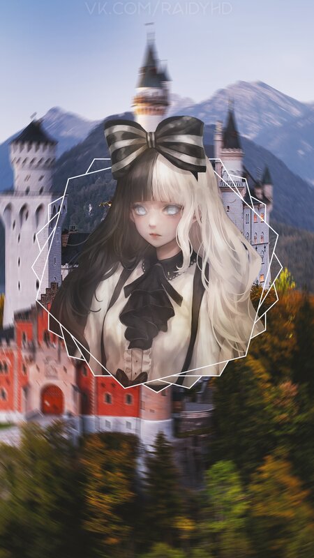 Anime Girl with Bow — White, Serene, Afternoon, Digital Art, Castle