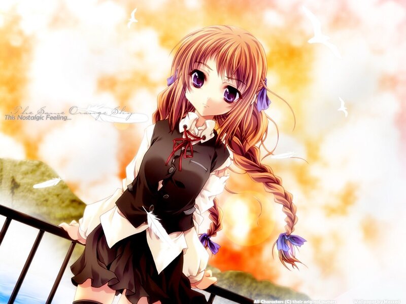 Anime Girl with Braided Hair — Orange, Nostalgic, Sunset