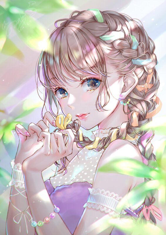 Anime Girl with Braided Hair — Purple, Serene