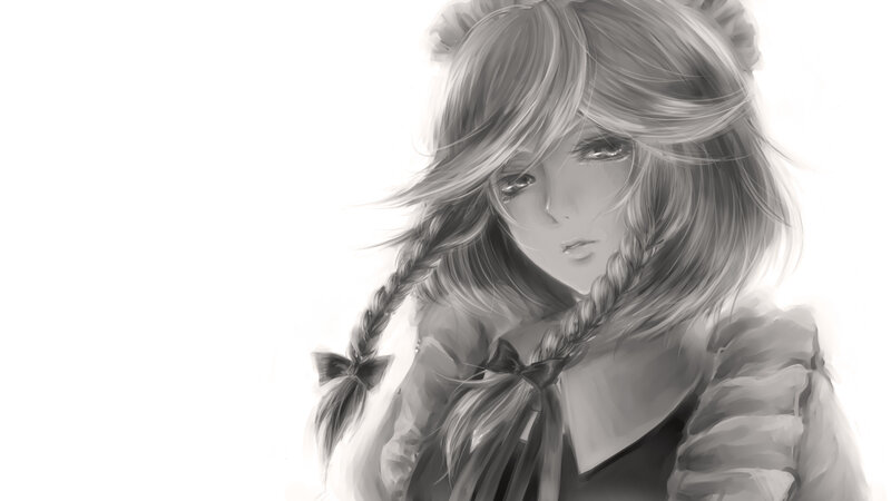 Anime Girl with Braids — Black, Melancholic, Digital Art