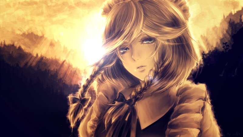 Anime Girl with Braids — Gold, Dramatic, Sunset
