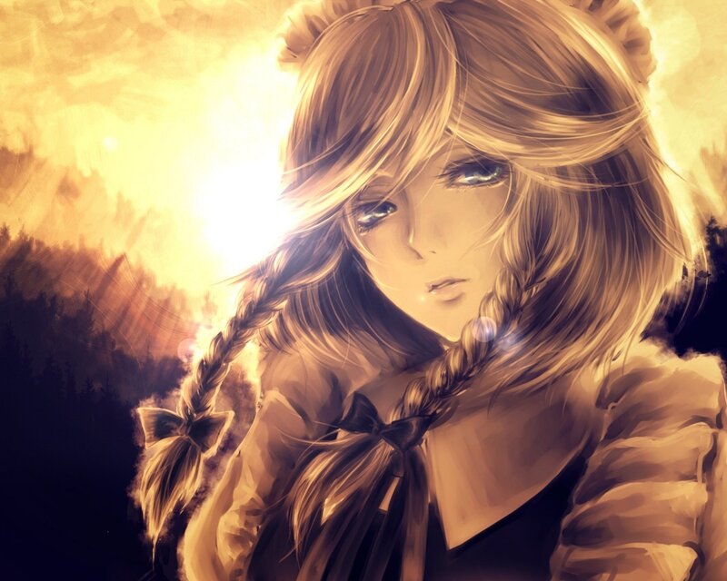 Anime Girl with Braids — Gold, Dramatic