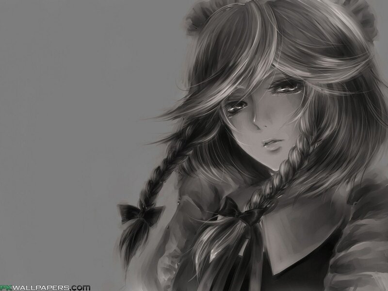 Anime Girl with Braids — Gray, Melancholic, Digital Art, Bow