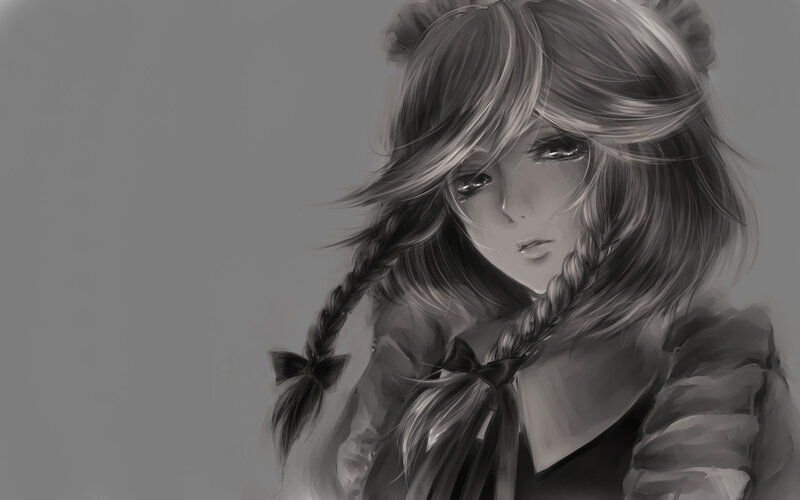 Anime Girl with Braids — Gray, Melancholic, Digital Art, Bows