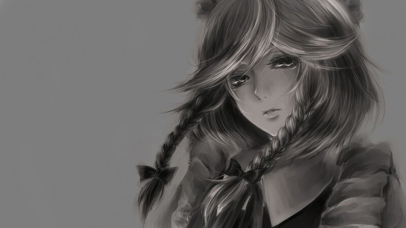 Anime Girl with Braids — Gray, Melancholic