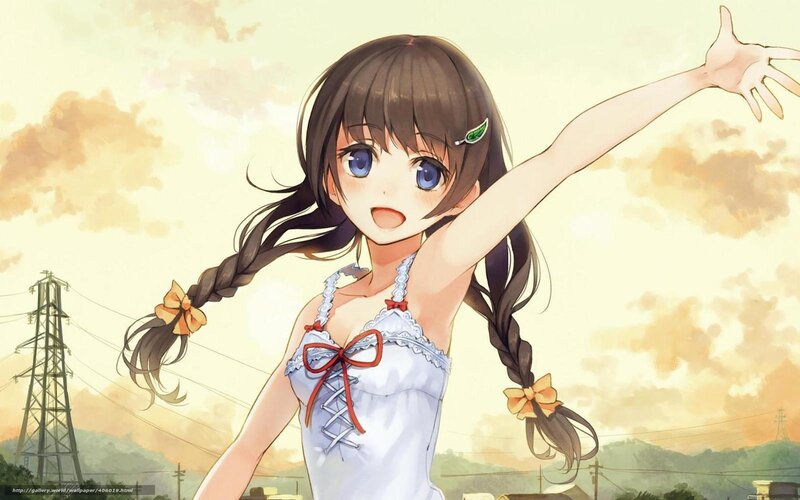 Anime Girl with Braids — White, Cheerful, Sunset