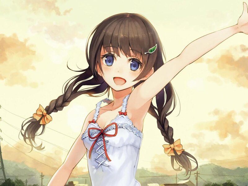 Anime Girl with Braids — White, Cheerful