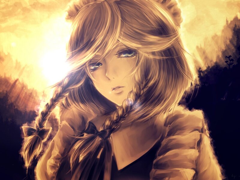 Anime Girl with Braids — Yellow, Dramatic
