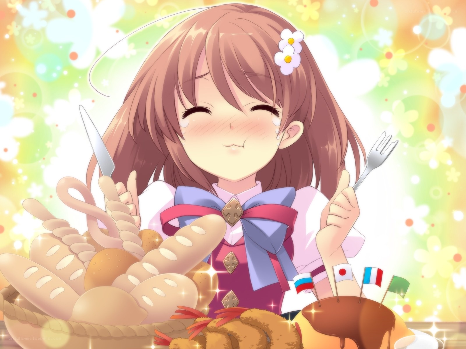 Anime girl with bread and flags