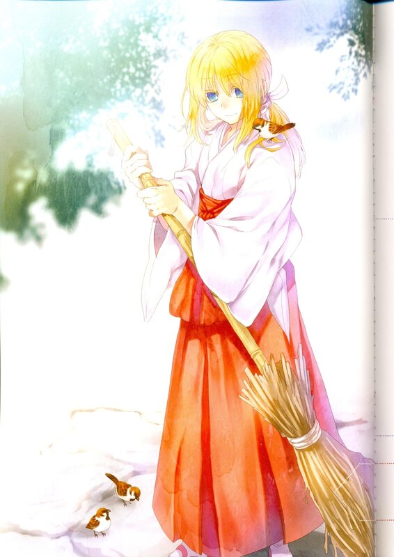 Anime girl with broom and birds