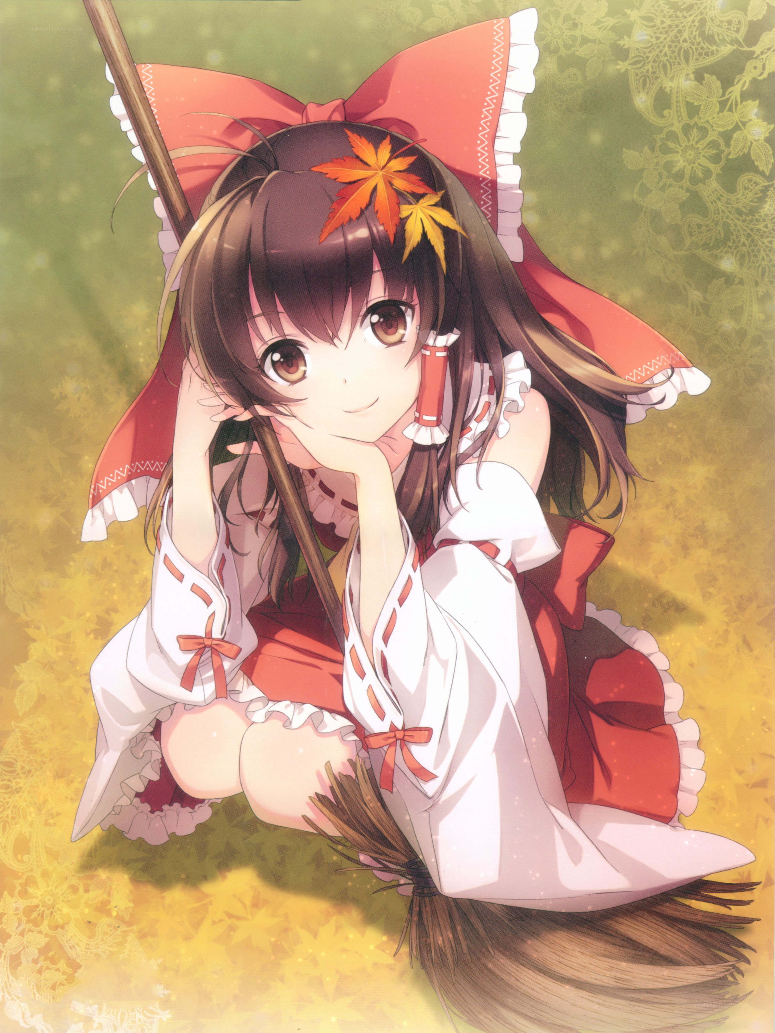 Anime girl with broom and maple leaf