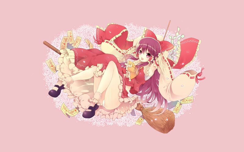 anime girl with broom and talismans