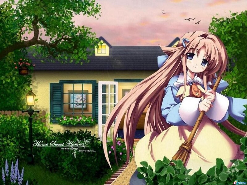 Anime girl with broom at home