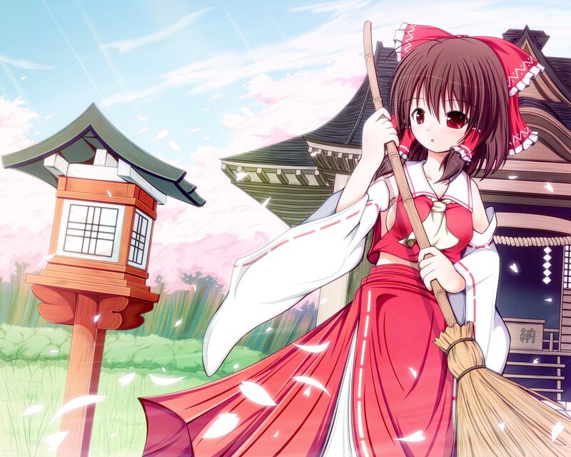 Anime girl with broom at shrine