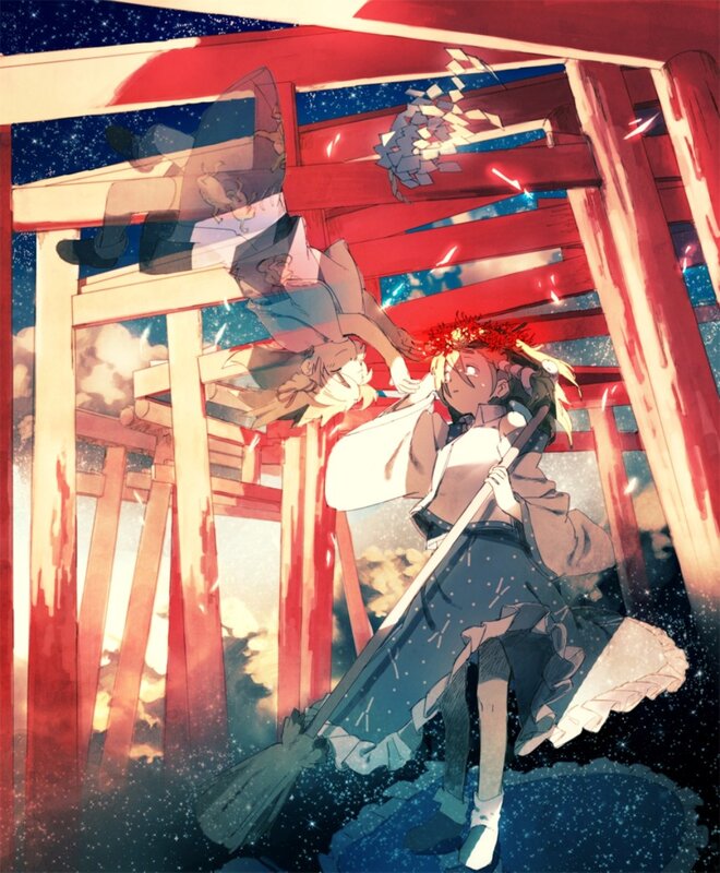 Anime girl with broom at shrine