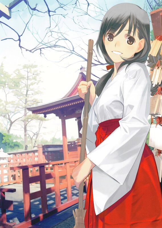 Anime girl with broom at shrine