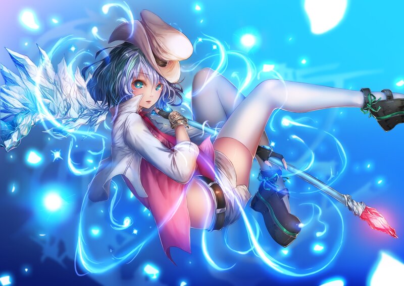 Anime Girl with Broom — Blue, Dynamic, Digital Art