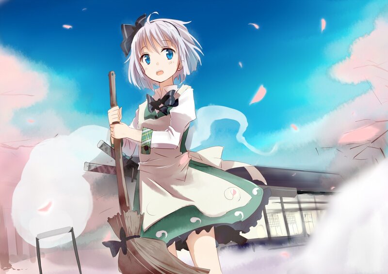 Anime Girl with Broom — Blue, Serene, Spring