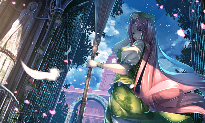 Anime Girl with Broom — Green, Serene