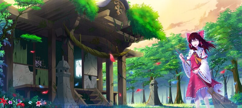 Anime girl with broom in forest