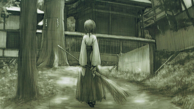 anime girl with broom in forest