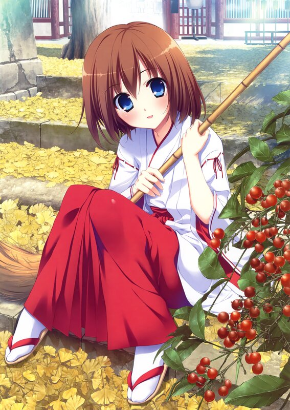 Anime girl with broom in garden