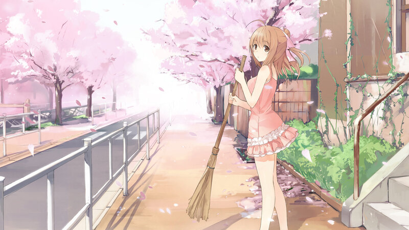 Anime Girl with Broom — Pink, Serene