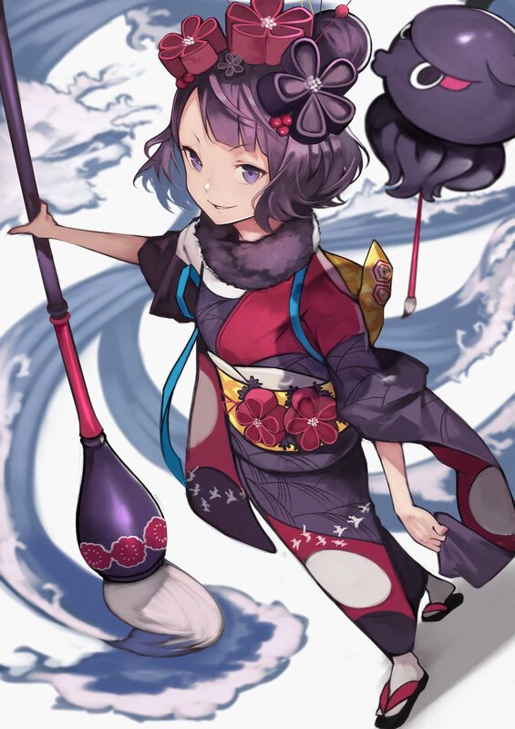 Anime Girl with Broom — Purple, Playful, Kimono