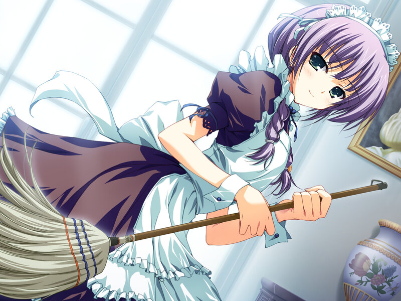 Anime Girl with Broom — Purple, Playful, Morning