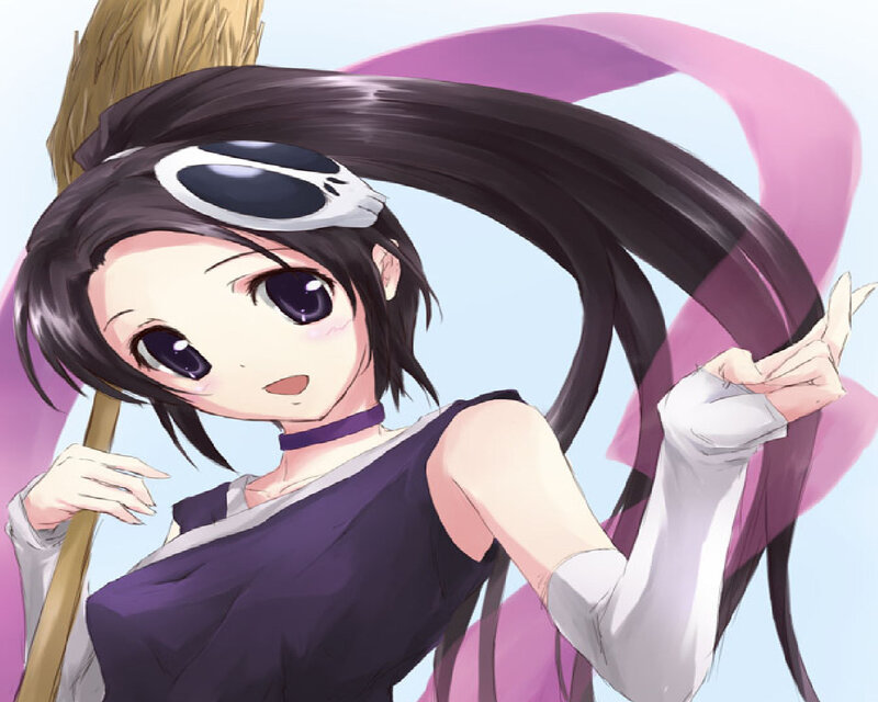 Anime Girl with Broom — Purple, Playful, Sunglasses
