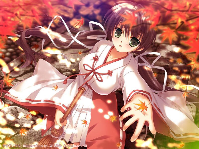 Anime Girl with Broom — Red, Serene, Autumn, Digital Art, Maple Leaves