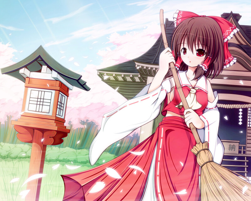 Anime Girl with Broom — Red, Serene, Spring