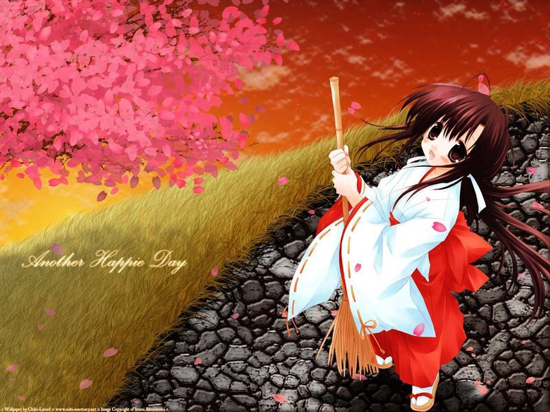 Anime girl with broom under cherry blossoms