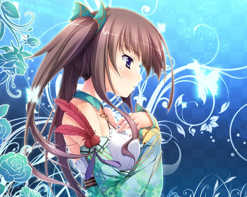Anime Girl with Brown Hair — Blue, Serene, Feather