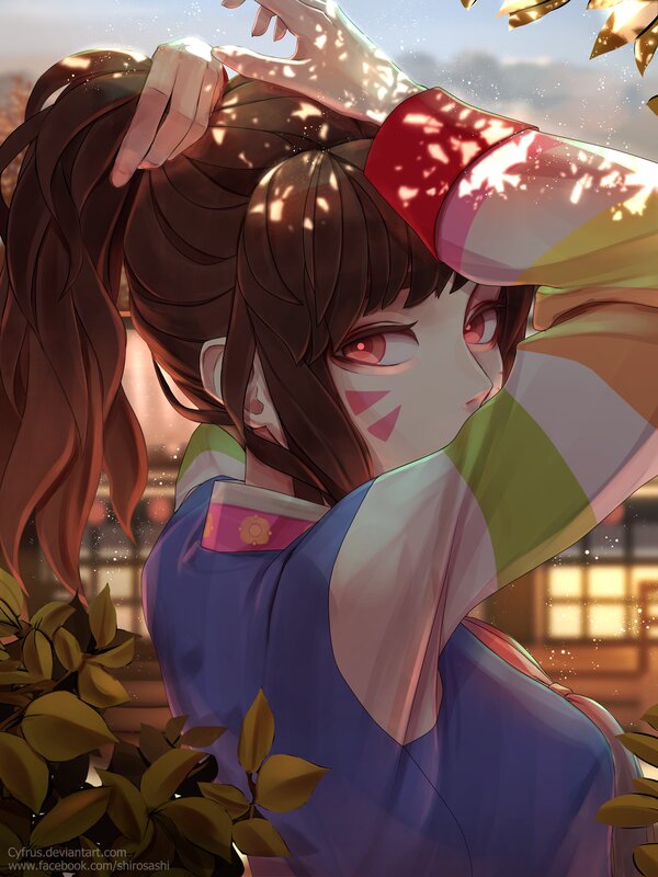 Anime Girl with Brown Hair — Blue, Serene, Sunset, Digital Art