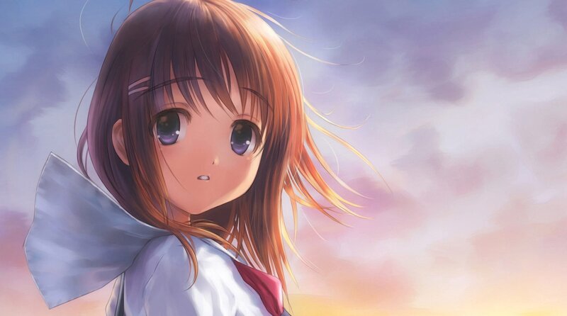 Anime Girl with Brown Hair — Blue, Serene, Sunset