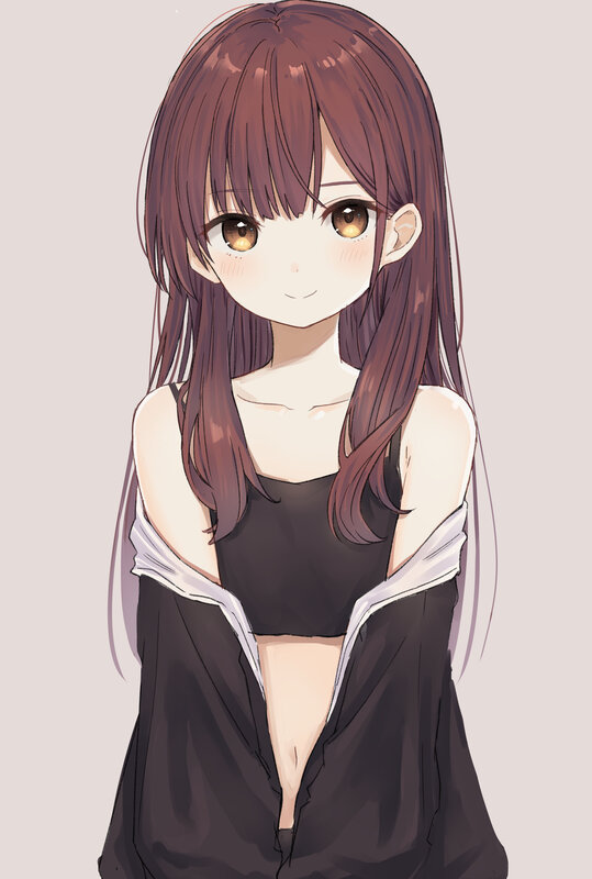 Anime Girl with Brown Hair — Calm, Black Top